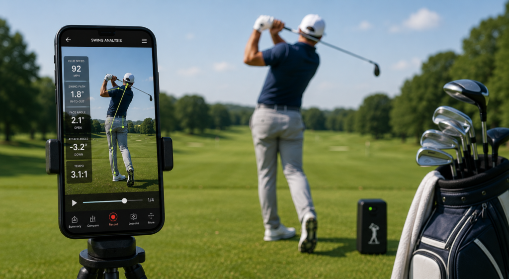 Golfer using a golf swing analyzer app on a smartphone to track swing mechanics, accuracy, and performance on the course.