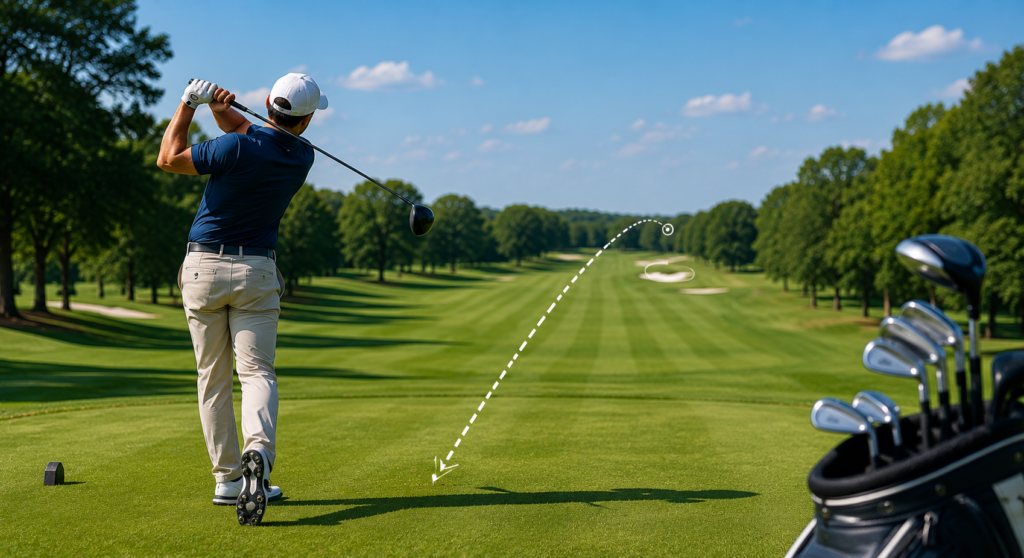 Golfer driving the ball down the fairway with a controlled swing, highlighting accuracy, consistency, and better tee shots.