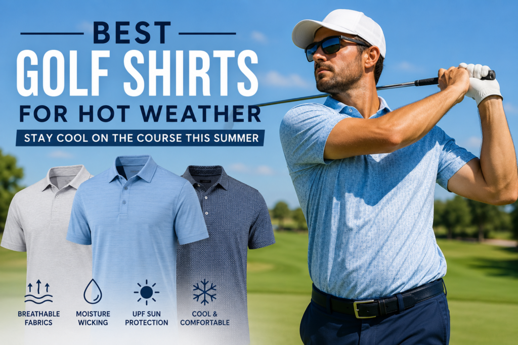 Golfer wearing a breathable polo on a sunny course with golf shirts designed for hot summer weather.