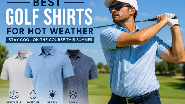 Golfer wearing a breathable polo on a sunny course with golf shirts designed for hot summer weather.