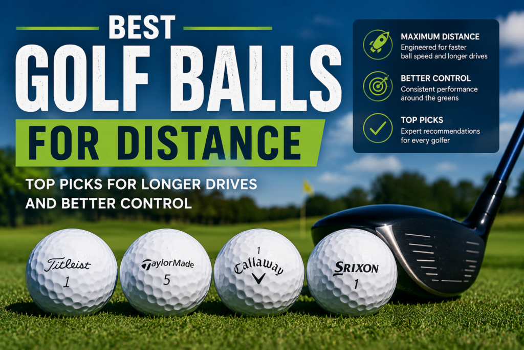 Golf balls and driver on a sunny course highlighting the best golf balls for distance and control.
