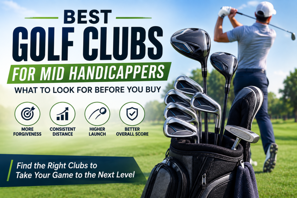 Golf clubs in a bag on a sunny course with a golfer swinging, highlighting the best clubs for mid handicappers.
