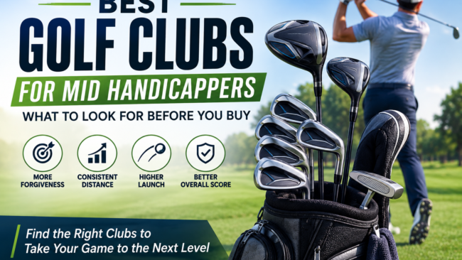 Golf clubs in a bag on a sunny course with a golfer swinging, highlighting the best clubs for mid handicappers.