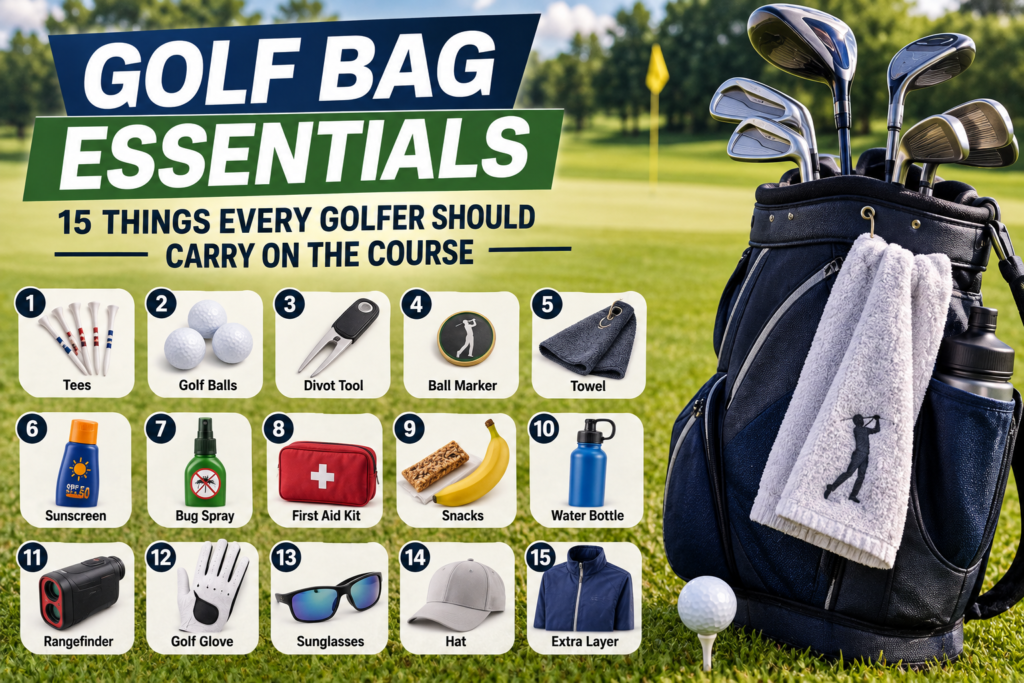 Golf bag with 15 essential golf items, including balls, tees, glove, rangefinder, sunscreen, water, and towel.