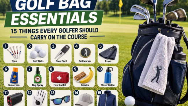 Golf bag with 15 essential golf items, including balls, tees, glove, rangefinder, sunscreen, water, and towel.