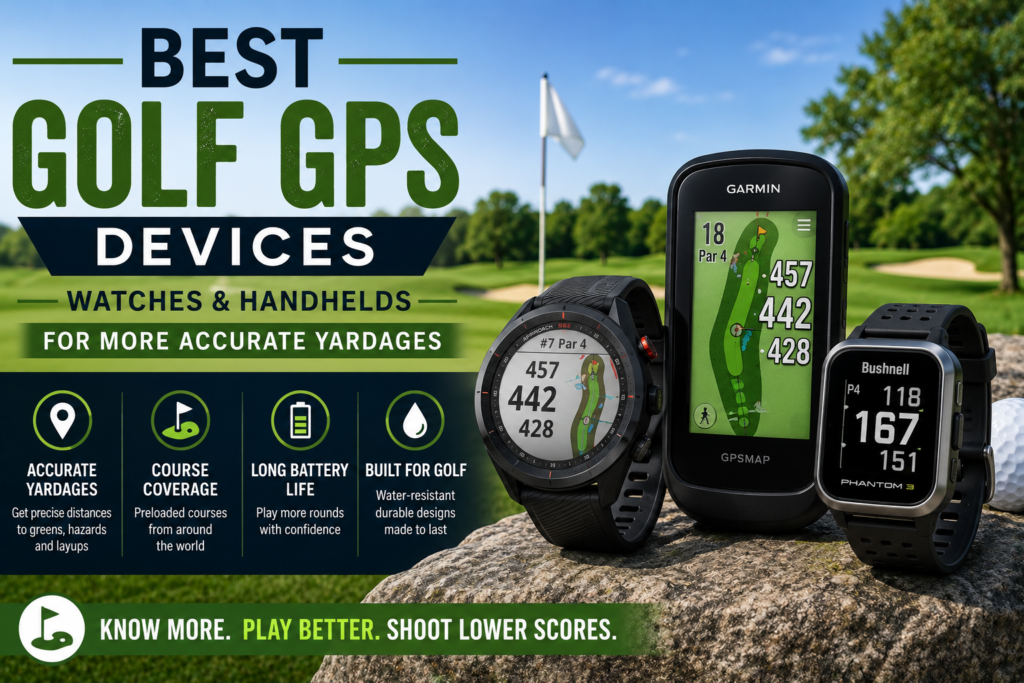 Golf GPS watches and handheld devices on a golf course for accurate yardages and better course management.