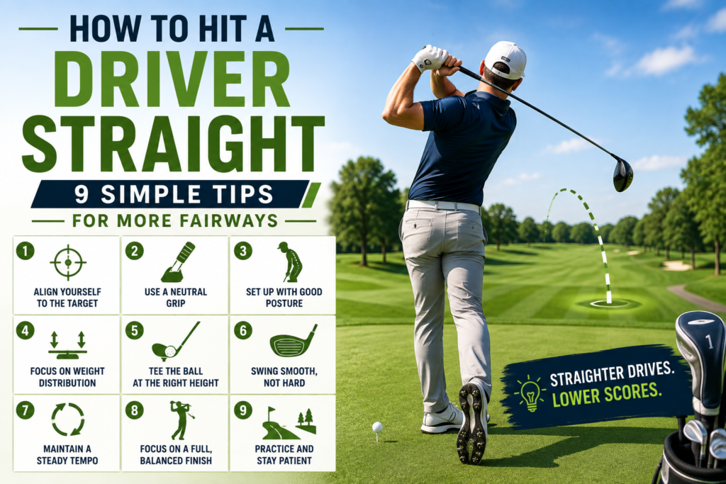 Golfer hitting a driver down a fairway with nine simple tips for straighter drives and more fairways.