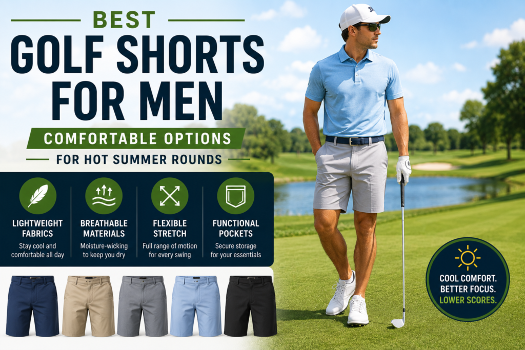 Golfer wearing lightweight golf shorts on a sunny course, highlighting comfortable options for hot summer rounds.