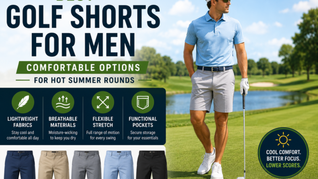 Golfer wearing lightweight golf shorts on a sunny course, highlighting comfortable options for hot summer rounds.