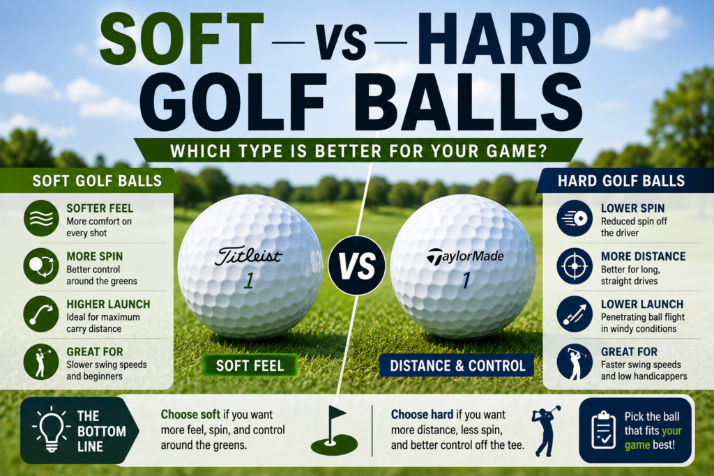 Soft and hard golf balls compared on a golf course, highlighting differences in feel, spin, distance, and control.