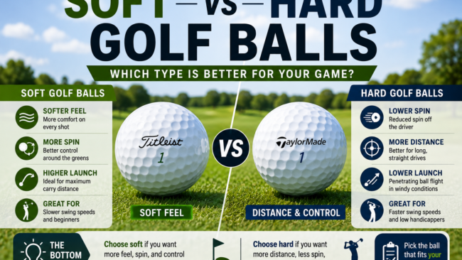 Soft and hard golf balls compared on a golf course, highlighting differences in feel, spin, distance, and control.
