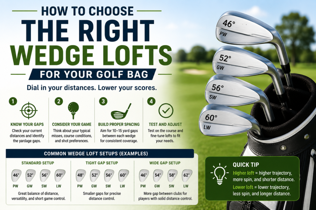 Golf wedges with different lofts showing how to choose the right wedge setup for consistent distance and control.
