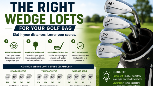 Golf wedges with different lofts showing how to choose the right wedge setup for consistent distance and control.
