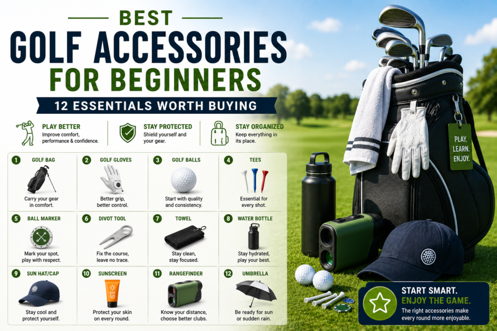 Golf bag with 12 essential beginner accessories, including balls, tees, gloves, towel, rangefinder, and water bottle.