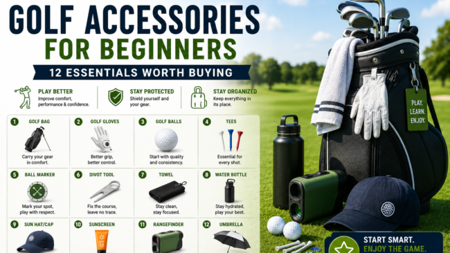 Golf bag with 12 essential beginner accessories, including balls, tees, gloves, towel, rangefinder, and water bottle.