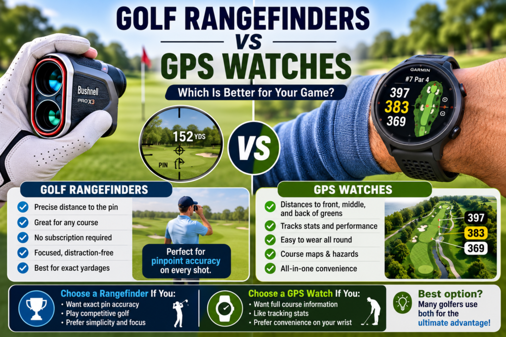 Golf rangefinder and GPS watch compared on a golf course, showing features for accurate yardages and course management.