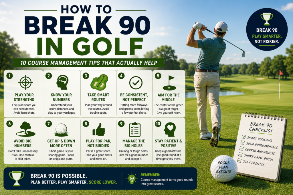 Golfer on a course with 10 course management tips for breaking 90 by playing smarter and avoiding costly mistakes.
