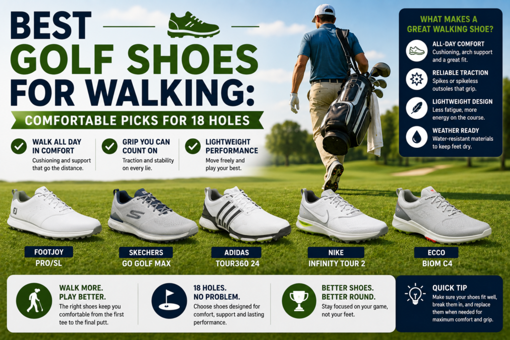 Golfer walking 18 holes with comfortable golf shoes designed for support, traction, and lightweight performance.