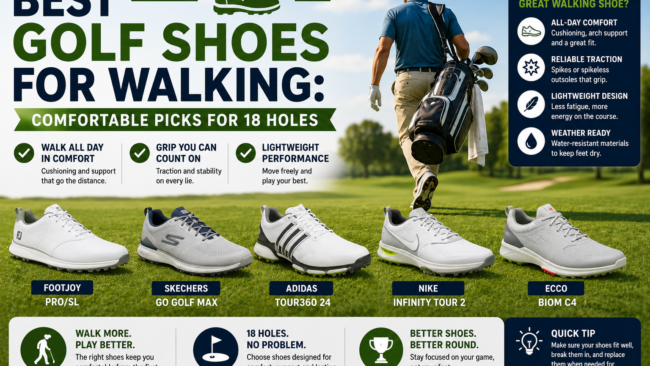 Golfer walking 18 holes with comfortable golf shoes designed for support, traction, and lightweight performance.