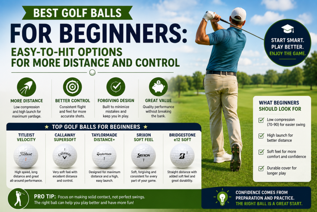 Beginner golfer with easy-to-hit golf balls designed for more distance, control, forgiveness, and confidence.