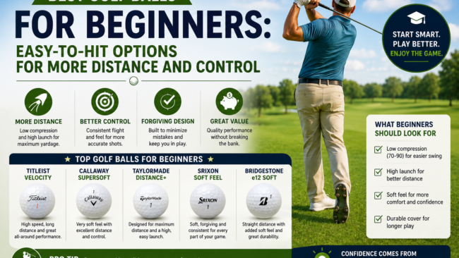 Beginner golfer with easy-to-hit golf balls designed for more distance, control, forgiveness, and confidence.