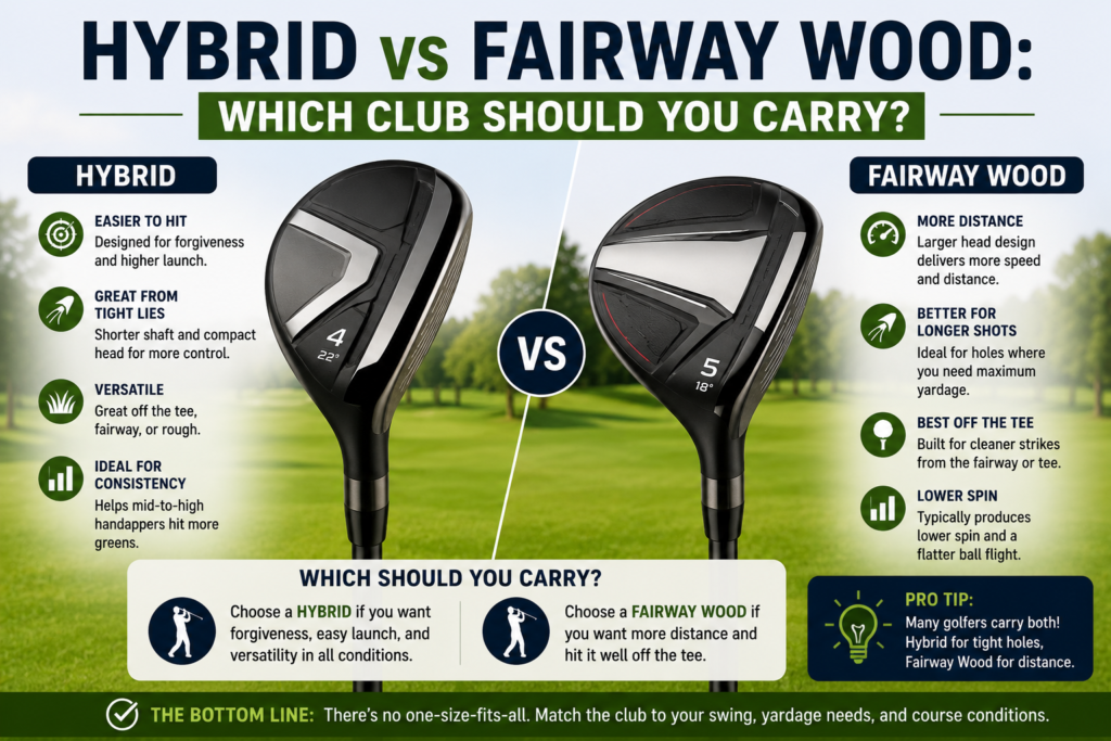 Hybrid and fairway wood compared on a golf course, highlighting differences in forgiveness, distance, launch, and versatility.