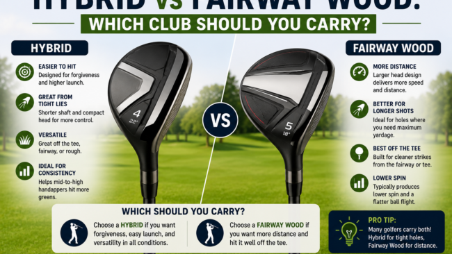 Hybrid and fairway wood compared on a golf course, highlighting differences in forgiveness, distance, launch, and versatility.