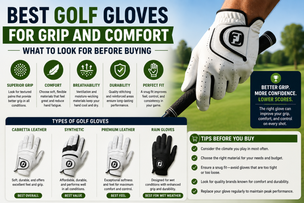 Golf glove gripping a club with key features for comfort, traction, breathability, durability, and proper fit.