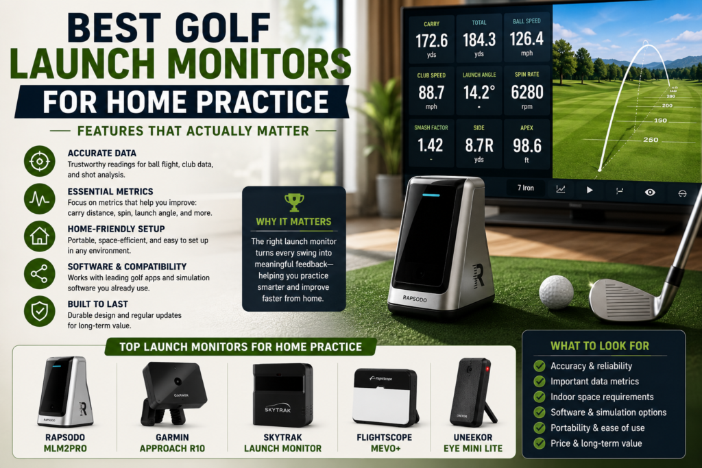 Golf launch monitor in a home practice setup displaying carry distance, ball speed, spin rate, and launch angle data.