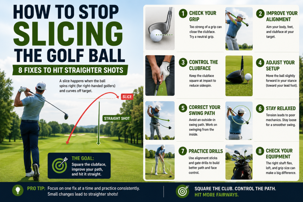 Golfer correcting a slice with eight tips for improving grip, alignment, clubface control, swing path, and accuracy.