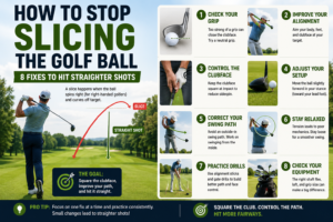 Golfer correcting a slice with eight tips for improving grip, alignment, clubface control, swing path, and accuracy.