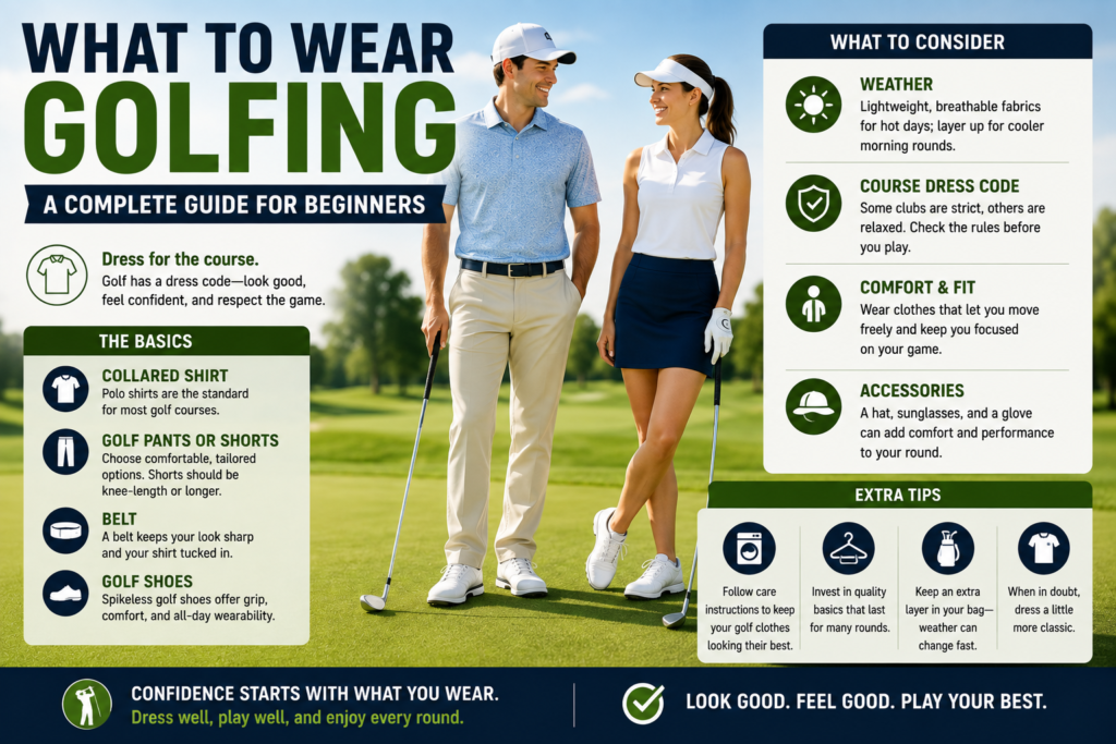 Male and female golfers wearing beginner-friendly golf attire, including collared shirts, golf shoes, and course-ready accessories.