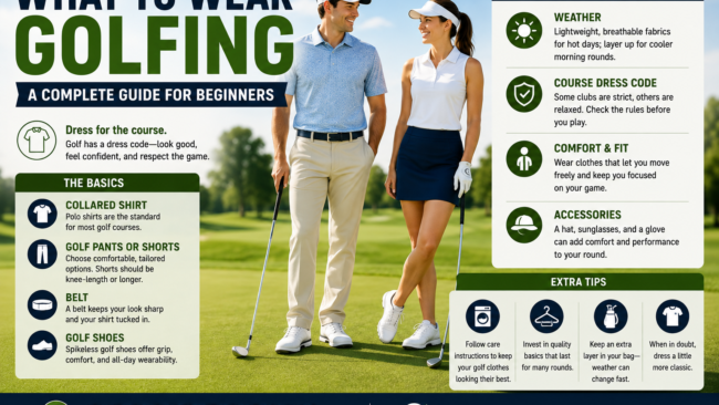 Male and female golfers wearing beginner-friendly golf attire, including collared shirts, golf shoes, and course-ready accessories.