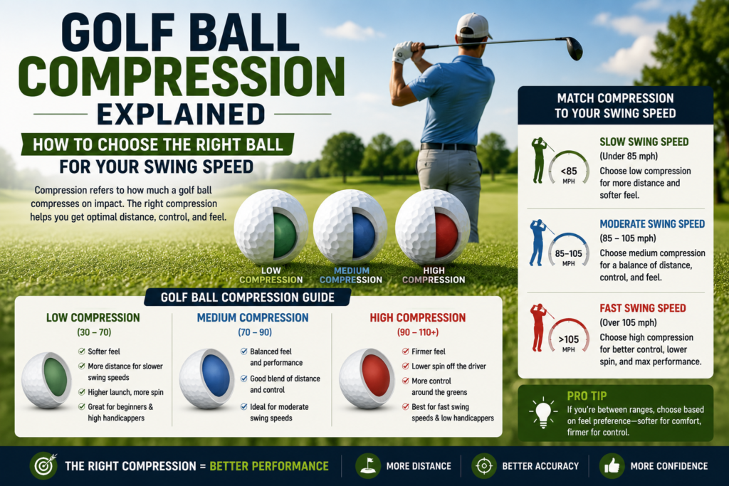 Golf ball compression guide comparing low, medium, and high compression options for different golfer swing speeds.