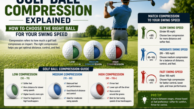 Golf ball compression guide comparing low, medium, and high compression options for different golfer swing speeds.