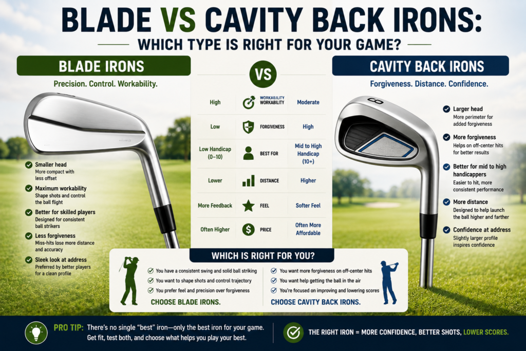 Blade and cavity back golf irons compared for forgiveness, distance, control, feel, and different golfer skill levels.