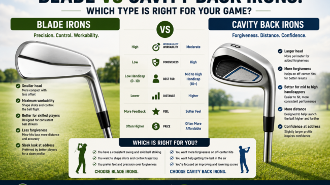 Blade and cavity back golf irons compared for forgiveness, distance, control, feel, and different golfer skill levels.