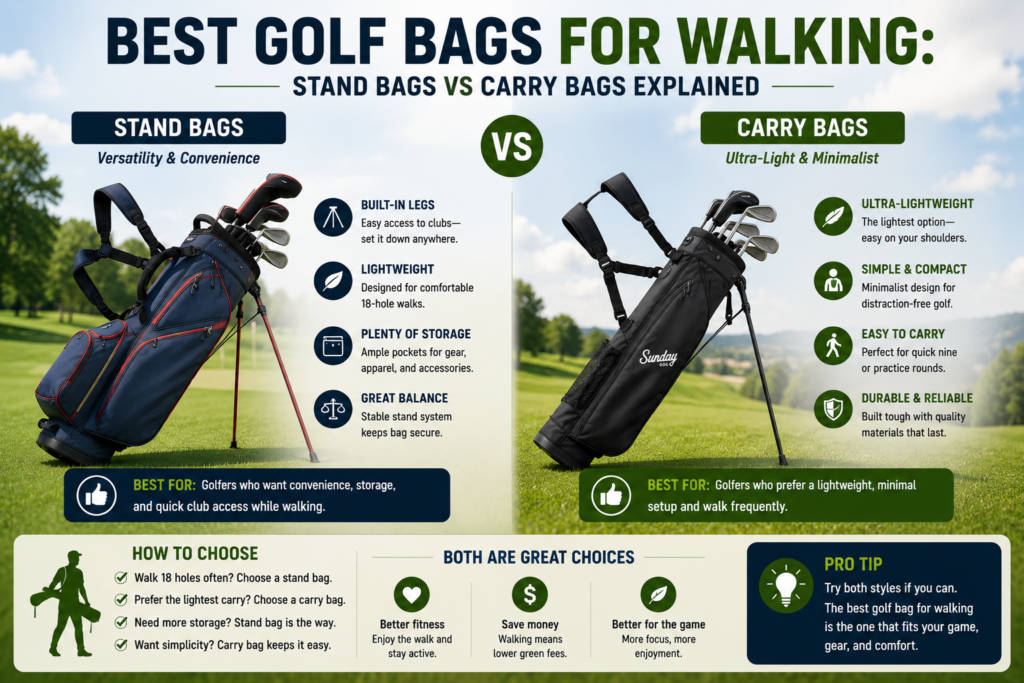 Stand bag and carry golf bag compared for walking, highlighting weight, storage, comfort, convenience, and portability.