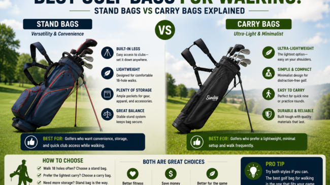 Stand bag and carry golf bag compared for walking, highlighting weight, storage, comfort, convenience, and portability.