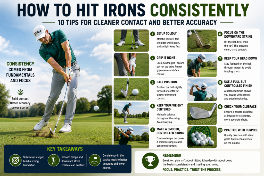 Golfer hitting an iron with 10 tips for cleaner contact, consistent ball striking, and better accuracy.
