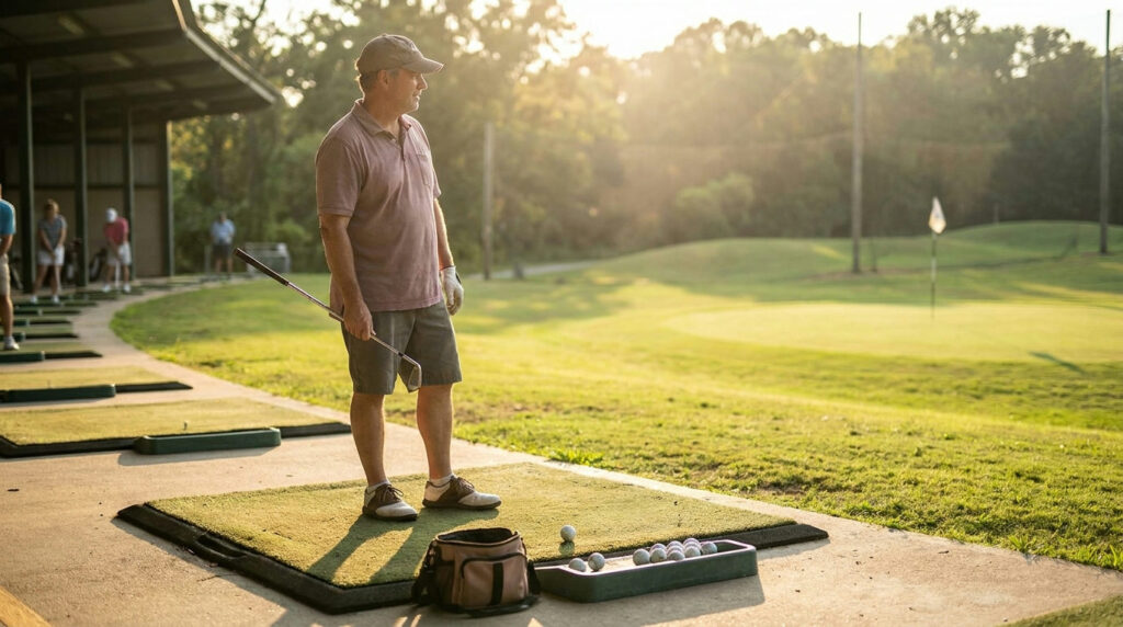 golf range session with a clear target and short iron