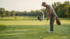 Lag putting practice plan with a golfer aiming at a target area on the green