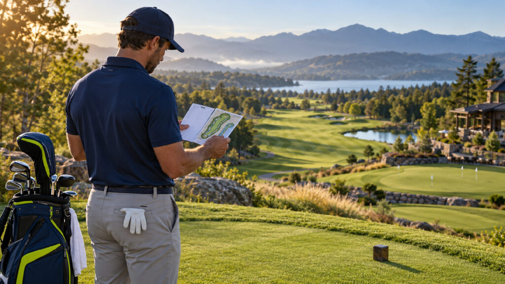 New golf course plan as a golfer studies a course map before the first tee