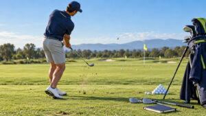Wedge distance matrix practice with a golfer measuring carry shots at the range